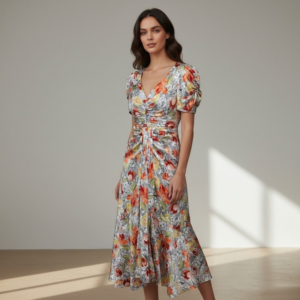 Cinq a Sept Floral Ruched V-Neck Puff Sleeve Midi Dress Orange Yellow White Sz 2